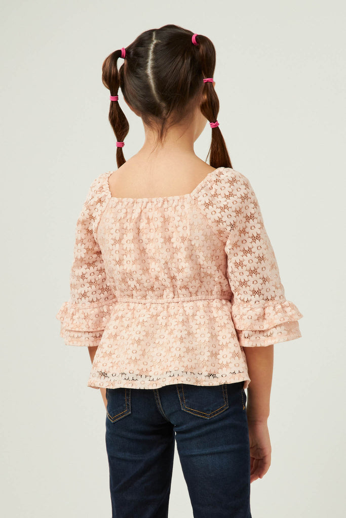 GY5617 BLUSH Girls Lurex Floral Lace Smocked Bell Sleeve Top Back