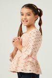 GY5617 BLUSH Girls Lurex Floral Lace Smocked Bell Sleeve Top Side