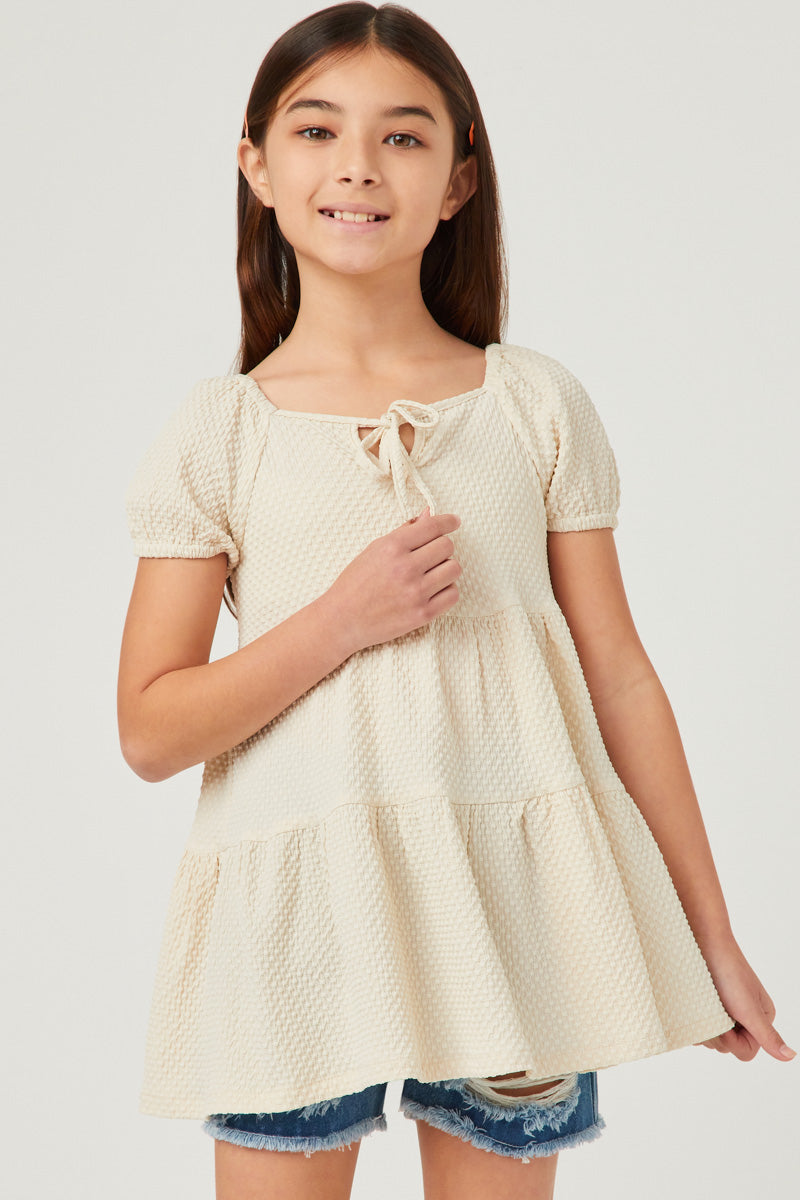 GY5696 IVORY Girls Textured Puff Seeve Tie Front Tunic Front