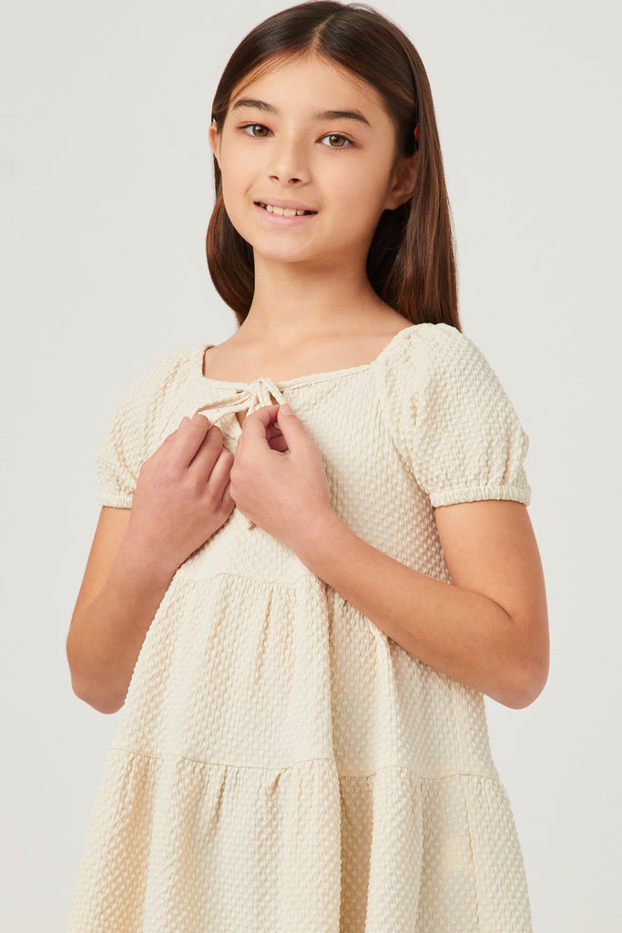 GY5696 IVORY Girls Textured Puff Seeve Tie Front Tunic Detail