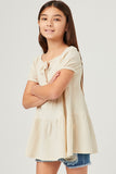 GY5696 IVORY Girls Textured Puff Seeve Tie Front Tunic Side