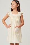 GY5740 IVORY Girls Textured Square Neck Ruffled Sleeve Patch Pocket Dress Front