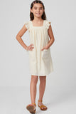 GY5740 IVORY Girls Textured Square Neck Ruffled Sleeve Patch Pocket Dress Full Body
