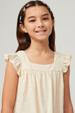 GY5740 IVORY Girls Textured Square Neck Ruffled Sleeve Patch Pocket Dress Detail
