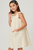 GY5740 IVORY Girls Textured Square Neck Ruffled Sleeve Patch Pocket Dress Side