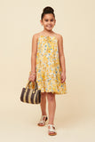 GY5895 Yellow Girls Tie Front Tiered Floral Midi Tank Dress Full Body