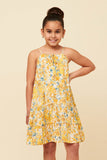 GY5895 Yellow Girls Tie Front Tiered Floral Midi Tank Dress Front