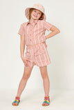 GY5963 Mauve Girls Textured Gingham Cropped Collared Button Up Shirt Full Body