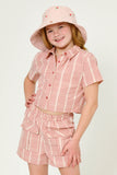 GY5963 Mauve Girls Textured Gingham Cropped Collared Button Up Shirt Front