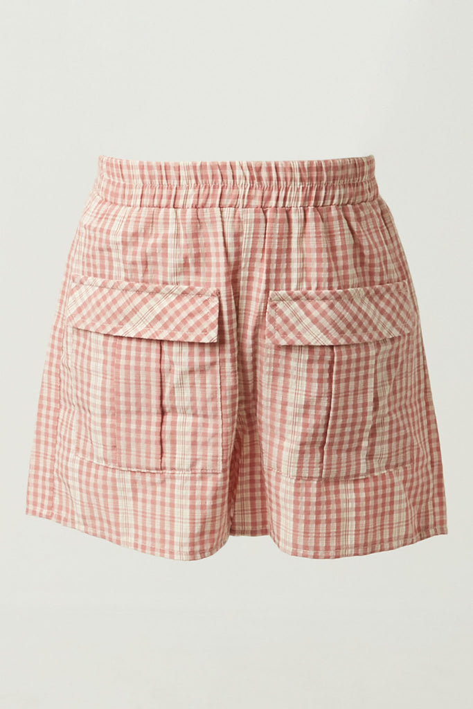 GY5964 Mauve Girls Textured Gingham Front Pocket Shorts Front