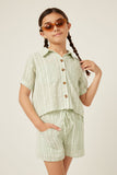 GY6040 Sage Girls Geometric Print Pocketed Short Sleeve Button Up Shirt Front