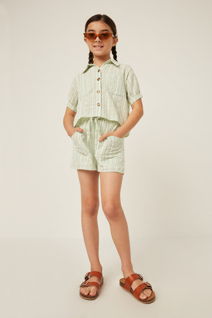 GY6040 Sage Girls Geometric Print Pocketed Short Sleeve Button Up Shirt Full Body