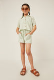 GY6040 Sage Girls Geometric Print Pocketed Short Sleeve Button Up Shirt Full Body