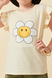 GY6078 Ivory Girls Floral Smile Print Textured Ruffle Shoulder Tank Detail