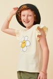 GY6078 Ivory Girls Floral Smile Print Textured Ruffle Shoulder Tank Pose