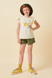 GY6078 Ivory Girls Floral Smile Print Textured Ruffle Shoulder Tank Full Body