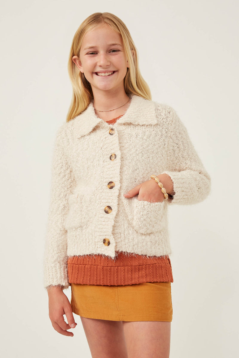 GY6085 CREAM Girls Fuzzy Popcorn Knit Button Up Collared Sweater Cardigan Front