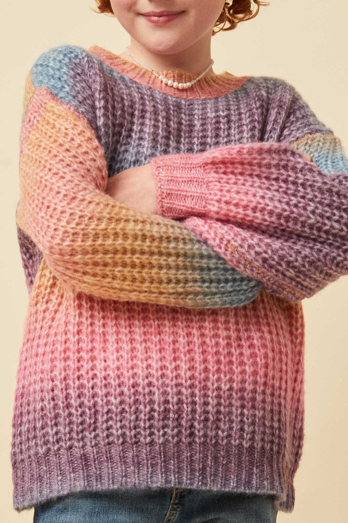 GY6096 Pink Girls Ombre Striped Chunky Knit Sweater Detail