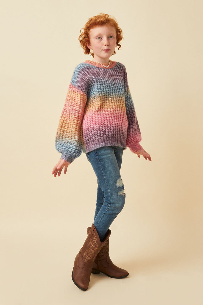 GY6096 Pink Girls Ombre Striped Chunky Knit Sweater Full Body 2