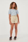 GY6150 BEIGE Girls Washed Contrast Stitch Colored Denim Paperbag Shorts Full Body