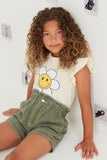 GY6150 OLIVE Girls Washed Contrast Stitch Colored Denim Paperbag Shorts Pose