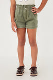 GY6150 OLIVE Girls Washed Contrast Stitch Colored Denim Paperbag Shorts Front