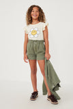 GY6150 OLIVE Girls Washed Contrast Stitch Colored Denim Paperbag Shorts Full Body