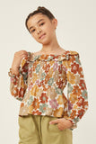 GY6213 Mustard Mix Girls Ruffled Shoulder Smocked Romantic Floral Top Front