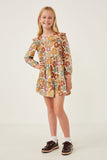 GY6216 Mustard Mix Girls Mixed Floral Print Ruffle Shoulder Dress Full Body