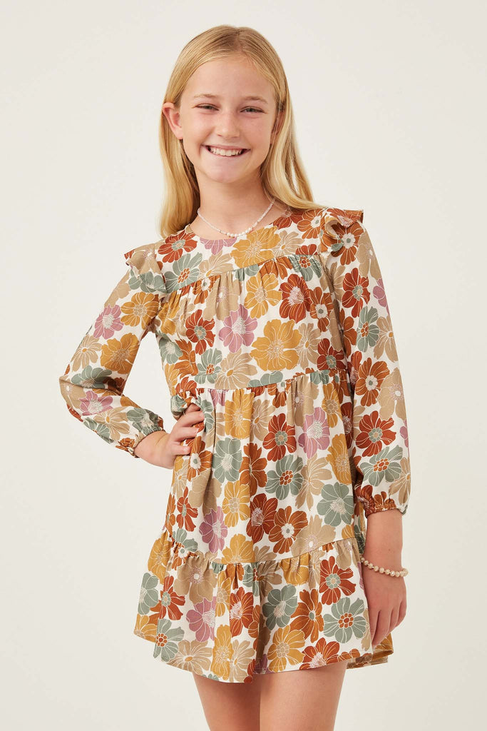 GY6216 Mustard Mix Girls Mixed Floral Print Ruffle Shoulder Dress Front