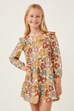 GY6216 Mustard Mix Girls Mixed Floral Print Ruffle Shoulder Dress Front