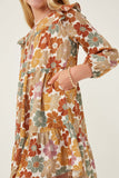 GY6216 Mustard Mix Girls Mixed Floral Print Ruffle Shoulder Dress Side