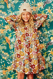 GY6216 Mustard Mix Girls Mixed Floral Print Ruffle Shoulder Dress Editorial