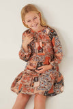 GY6220 Brown Girls Paisley Patch Print Ruffle Neck Chiffon Dress Pose