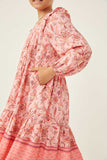 GY6252 PINK Girls Border Print Long Sleeve Ruffle Shoulder Dress Detail