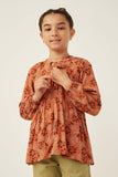 GY6263 Rust Girls Floral Print Tie Front Long Sleeve Peplum Top Front