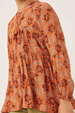 GY6263 Rust Girls Floral Print Tie Front Long Sleeve Peplum Top Detail