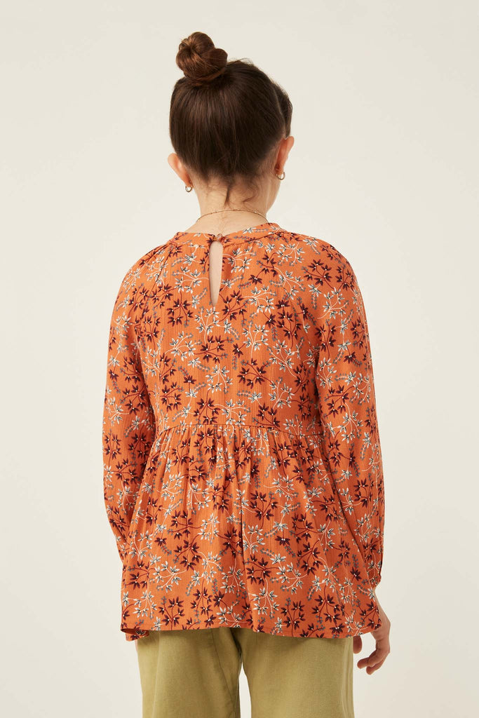 GY6263 Rust Girls Floral Print Tie Front Long Sleeve Peplum Top Back