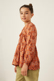 GY6263 Rust Girls Floral Print Tie Front Long Sleeve Peplum Top Side
