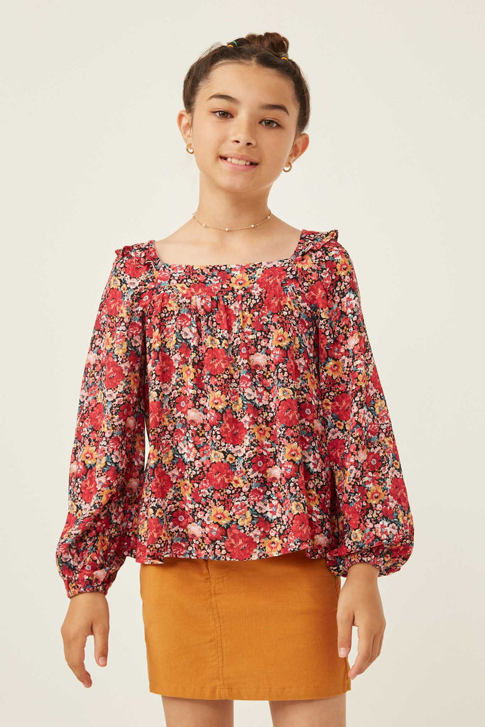 GY6267 Cherry Girls Floral Print Ruffle Shoulder Long Sleeve Textured Top Front