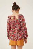 GY6267 Cherry Girls Floral Print Ruffle Shoulder Long Sleeve Textured Top Back