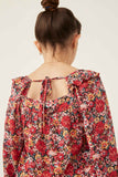 GY6267 Cherry Girls Floral Print Ruffle Shoulder Long Sleeve Textured Top Detail