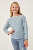 GY6268 Dusty Blue Girls Textured Stretch Long Sleeve Knit T Shirt Front