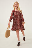 GY6269 BURGUNDY Girls Ditsy Floral Cinched Puff Sleeve Square Neck Dress Full Body