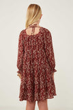 GY6269 BURGUNDY Girls Ditsy Floral Cinched Puff Sleeve Square Neck Dress Back