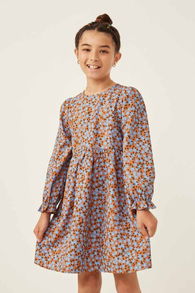 GY6280 Camel Girls Floral Printed Corduroy Cinch Cuff Dress Front