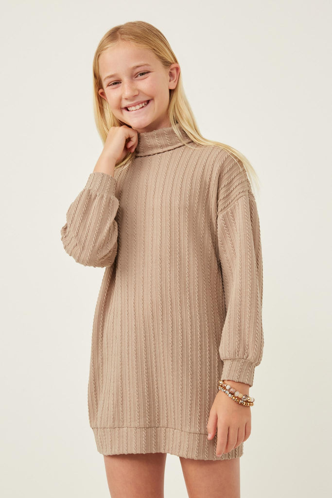 GY6283 Taupe Girls Cable Knit Turtle Neck Tunic Pose