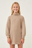 GY6283 Taupe Girls Cable Knit Turtle Neck Tunic Front