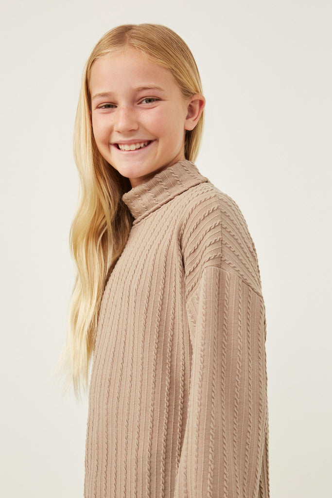 GY6283 Taupe Girls Cable Knit Turtle Neck Tunic Side