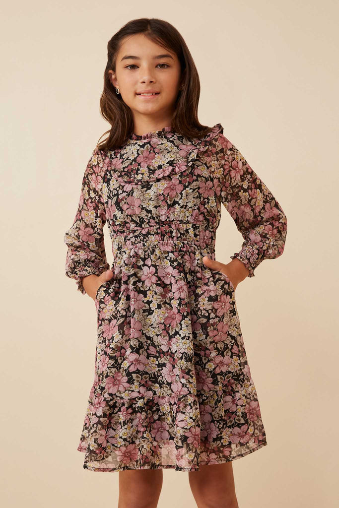 GY6291 BLACK Girls Floral Chiffon Smocked Waist And Cuff Dress Front